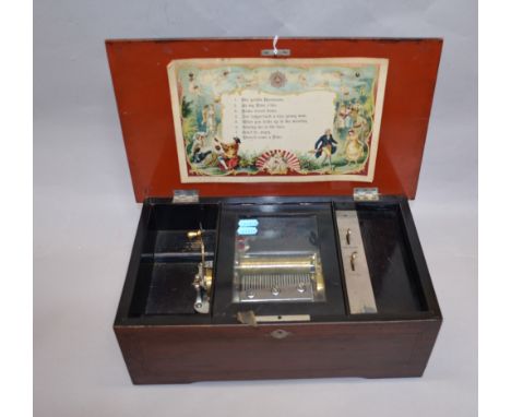 Late 19th Century Swiss music box, base initialled 'BHA 860', playing eight airs with card playlist to lid, 9.5cm cylinder wi