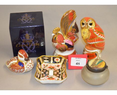 Two Royal Worcester birds from the Connoisseur Collection: 'Tawny Owl' and 'Imari Cockerel'. Together with a Crown Derby swim