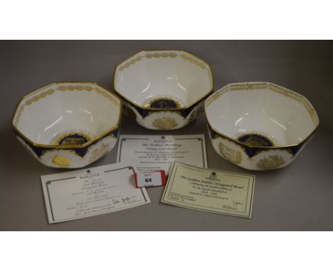 Three rare Royal Worcester commemorative bowls: 'The Queen's 70th Birthday Octagonal Bowl', LE 35/70; 'The Golden Wedding Oct