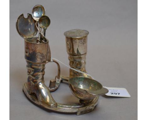 Late 19th Century Elkington & Co. plated novelty three-piece riding cruet, the condiment pots in the form of riding boots wit