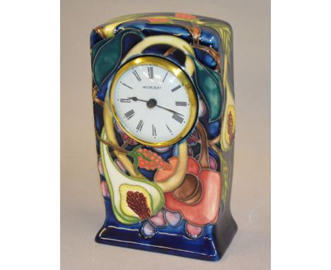 Moorcroft small mantle clock, 'Queen's Choice' pattern, 2000, white enamel dial with Roman numerals, height 16cm, various pai