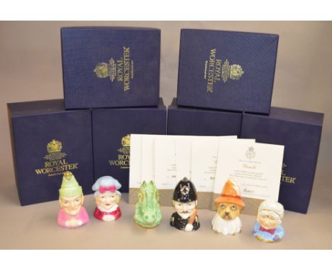 Six Royal Worcester Connoisseur Collection ceramic candle snuffers, all LE 307/600: Punch; Judy; Policeman; Baby; Crocodile a