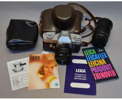 Leitz Wetzlar Leicaflex SLR camera, serial no. 1117034, with lens reading 'Leitz Wetzlar 2078698 Summicron-R 1:2/50'. Togethe