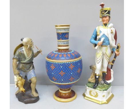 A Mettlach vase, a/f, a figure of a soldier and one other figure