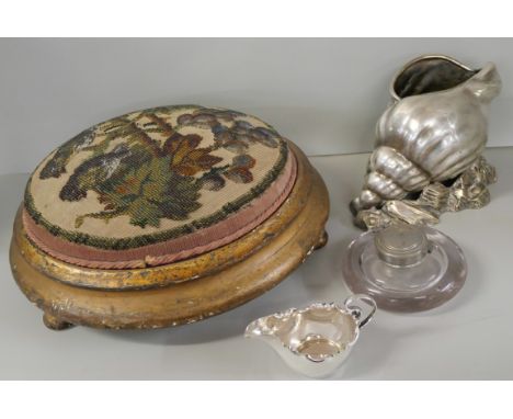 A beaded footstool, a silver plated pot in the form of a conch shell, a small plated jug and an inkwell