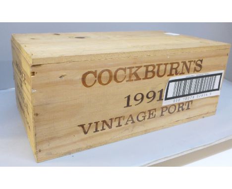 Six bottles of Cockburns 1991 vintage port, sealed in a wooden crate, with original receipt **PLEASE NOTE THIS LOT IS NOT ELI