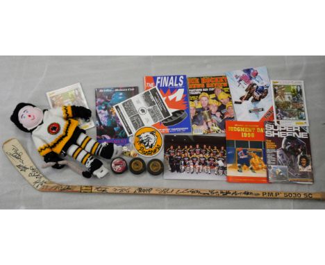 Nottingham Panthers memorabilia; Paul Adey ice hockey stick, signed, programmes including Benson &amp; Hedges Cup Final 1994,