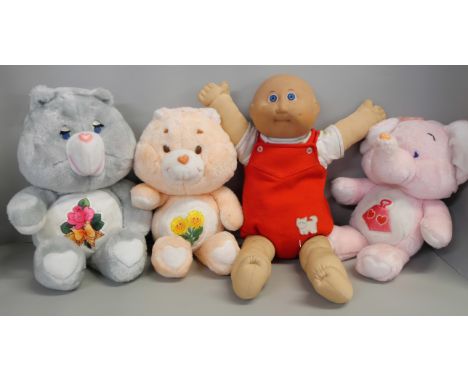 Three 1980s Care Bears including Elephant and signed Cabbage Patch kid 