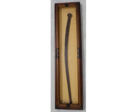 A tribal fighting stick in a presentation glass fronted case 