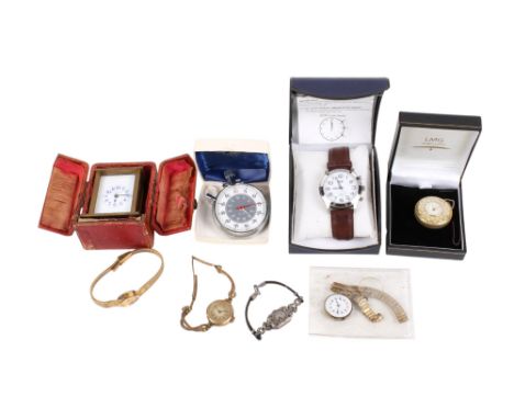 A collection of assorted timepieces. Including a cased Mignon miniature carriage clock, Lucerne gold plated pocket watch, con