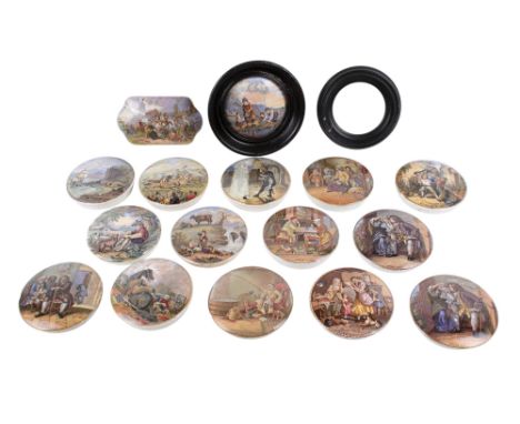 Sixteen Prattware pot lids. Including 'A Pair', 2x 'Uncle Toby', etc. 