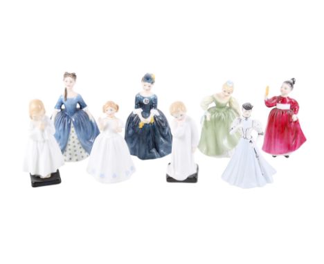 Eight porcelain figures modelled as ladies and girls. Including Royal Doulton 'Darling' HN 1985 and Coalport 'Elaine' 3/86. M