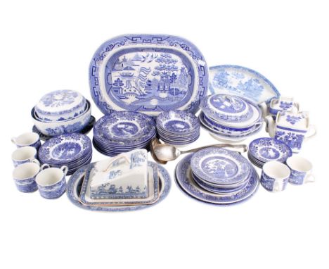An assortment of blue and white ceramics. Including an Ironstone Broadhurst Staffordshire tea service in the 'English Scene' 
