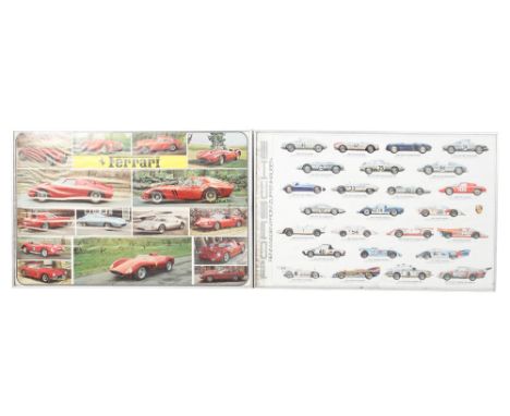 Two late 20th century automobile sports car advertising posters. Consisting of Ferrari and Porsche, 97cm x 64cm, framed and g