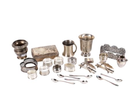 An assortment of silver and silver plate. Including a case with scrolling decoration to the rim, hallmarked Snow & Ashworth L