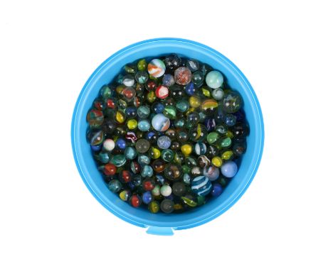 A collection of glass marbles. Of various sizes and designs, including cats eyes and frosted examples