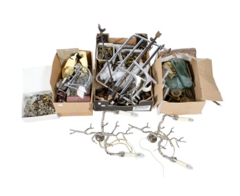 An assortment of furniture fittings and components. Including brass and crystal door handles, curtain rings, two chrome metal
