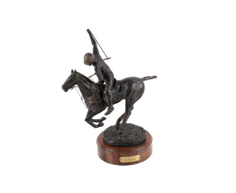 A large resin sculpture of a Polo player on horseback. Signed to base and titled 'My Obsession", on circular wooden plinth, H