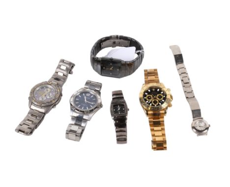 Six replica wristwatches. Including a Rolex, Accurist, Rado, etc. Condition Report: All sold as seen