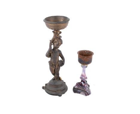 A Sowerby Purple Malachite Slag Glass Candlestick and a carved stand. The candlestick circa 1880, the stand carved with fish 
