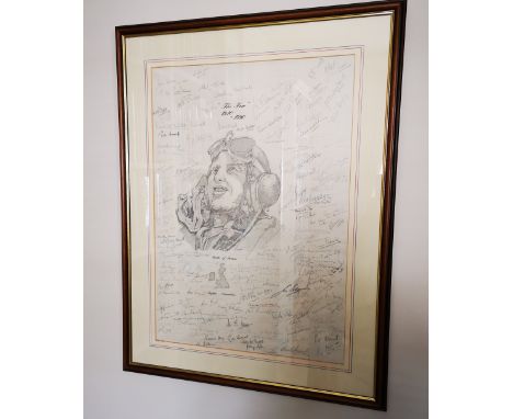 Battle of Britain ORIGINAL Pencil drawing with 199 WW2 Raf pilot autographs, 41cm wide x 58cm tall in a frame that is 58cm wi