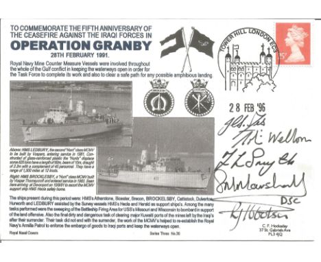 Cdr J C Scoles, Cdr C G Welborn, Lt Cdr F L Smyth, Lt S M Marshall, and Capt R J Ibbotson signed 50th Anniversary of the ceas