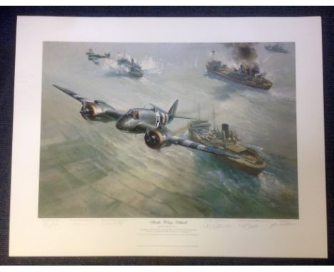 World War II print 23x29 titled Strike Wing Attack signed in pencil by the artist Frank Wootton and bomber command veterans F