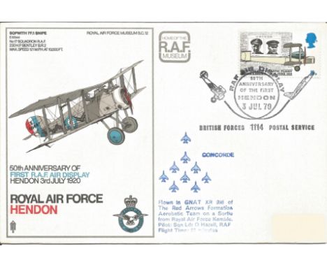 Royal Air Force Hendon 50th Anniversary of First RAF Air Display Hendon 3rd July 1920 unsigned FDC SC12. Flown in GNAT XR 986