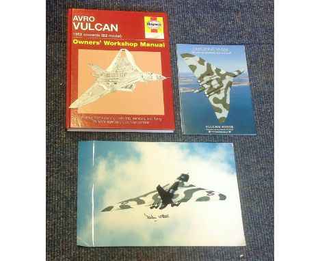 Martin Withers signed 12x 8 colour Vulcan bomber photo with Avro Vulcan Owners Workshop Manual hardback book. Good Condition.