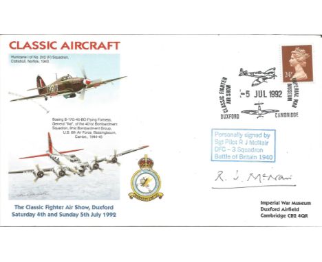 Sgt. Pilot R J McNair, DFC, 3 Squadron Battle of Britain veteran 1940, signed Classic Aircraft Hurricane Mk 1 / Boeing B17-G 