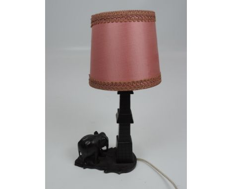 Ebonised Lamp Base with Carved Elephant 