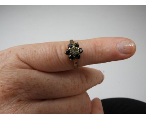 9ct Yellow Gold Sapphire and Diamond Cluster Ring - Approximately 1.5 grams 