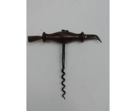 An Antique Hawkbill Corkscrew with Coco Bolo Wooden Handle, with Side Brush, Steel Foil Cutter, Full Wire Worm, a Hanging Rin
