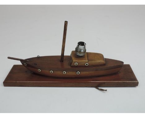 A Vintage Wooden Boat Lamp Base Carved in the Form of a Boat with a Vintage Lamp Fitting on Top - Approx. 16"/41cm long 