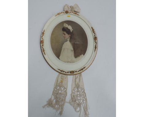 Oval Framed Portrait Picture with Lace Tassels - Signed 'Langfier' 