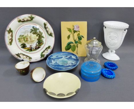 Mixed lot of ceramic and glass to include a Chinese sauceboat, Japanese duck, Sunderland lustre stand, milk glass vase, etc.,