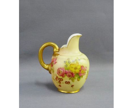 Royal Worcester blush ivory miniature ewer painted with floral sprays with puce backstamps and shape No.1094, 11.5cm high