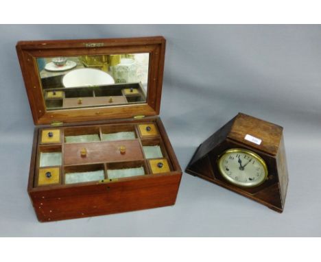 Art Deco oak cased mantle clock, together with a mahogany work box, (2) 