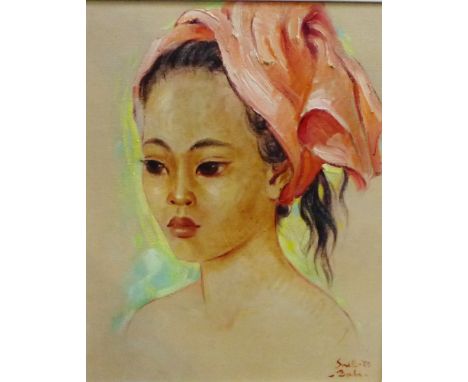 Mid Century School 'Head and Shoulders Portrait of a Girl with her Hair tied up in a Red Scarf' Oil-on-Canvas, Framed, signed