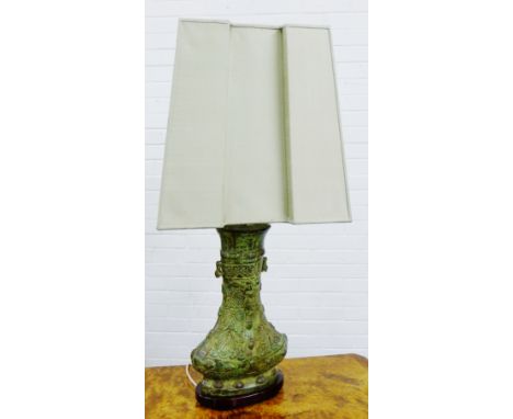 Archaic style verdi gris patinated metal table lamp base and shade, 60cm