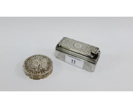 Victorian silver topped glass travelling inkwell with fine foliate engraving, London 1859 together with a silver gilt circula