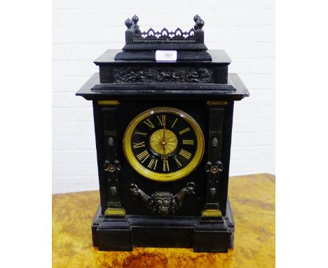 Victorian black slate mantle clock, the chapter ring with gilded Roman numerals, 45 x 32cm