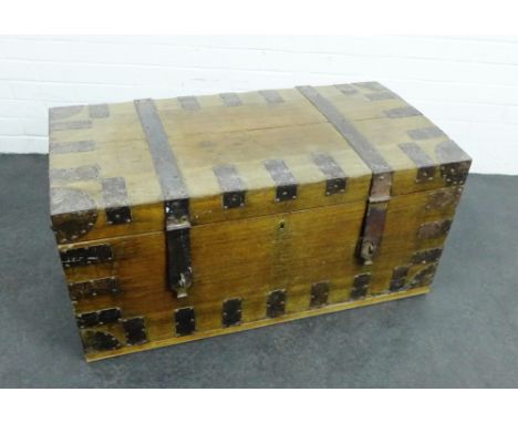 Oak and metal bound storage trunk, 47 x 97cm