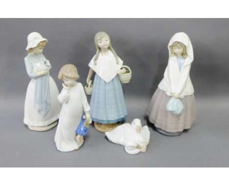 Collection of five NAO Spanish porcelain figures to include 'Three Girls', 'Child with Teddy', and a 'Group of Ducks', (5) 