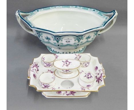 19th century Staffordshire egg cruet stand with egg cups and salt, together with a Staffordshire transfer printed tureen, (2)