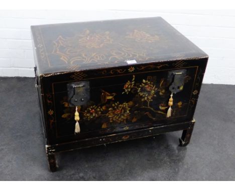 Black painted chinoiserie storage trunk on stand, 39 x 74cm