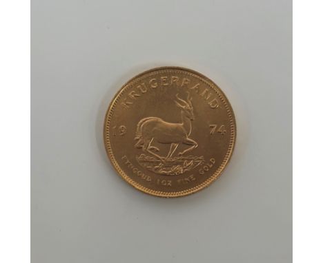 South Africa, 1974 gold full Krugerrand, obv; portrait of Stephanus Johannes Kruger, rev; springbok dividing date.