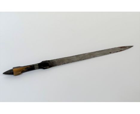 A long African dagger, the steel blade with metal-mounted horn grip, in a leather sheath. Length overall 62cm