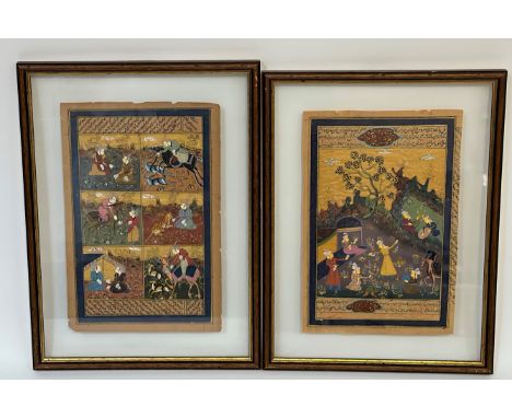 Two framed Indo-Persian leaves from manuscripts, probably 19th century: the first with six scenes of hunting and other activi