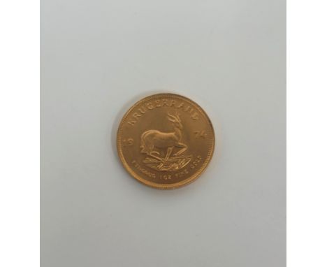 South Africa, 1974 gold full Krugerrand, obv; portrait of Stephanus Johannes Kruger, rev; springbok dividing date.